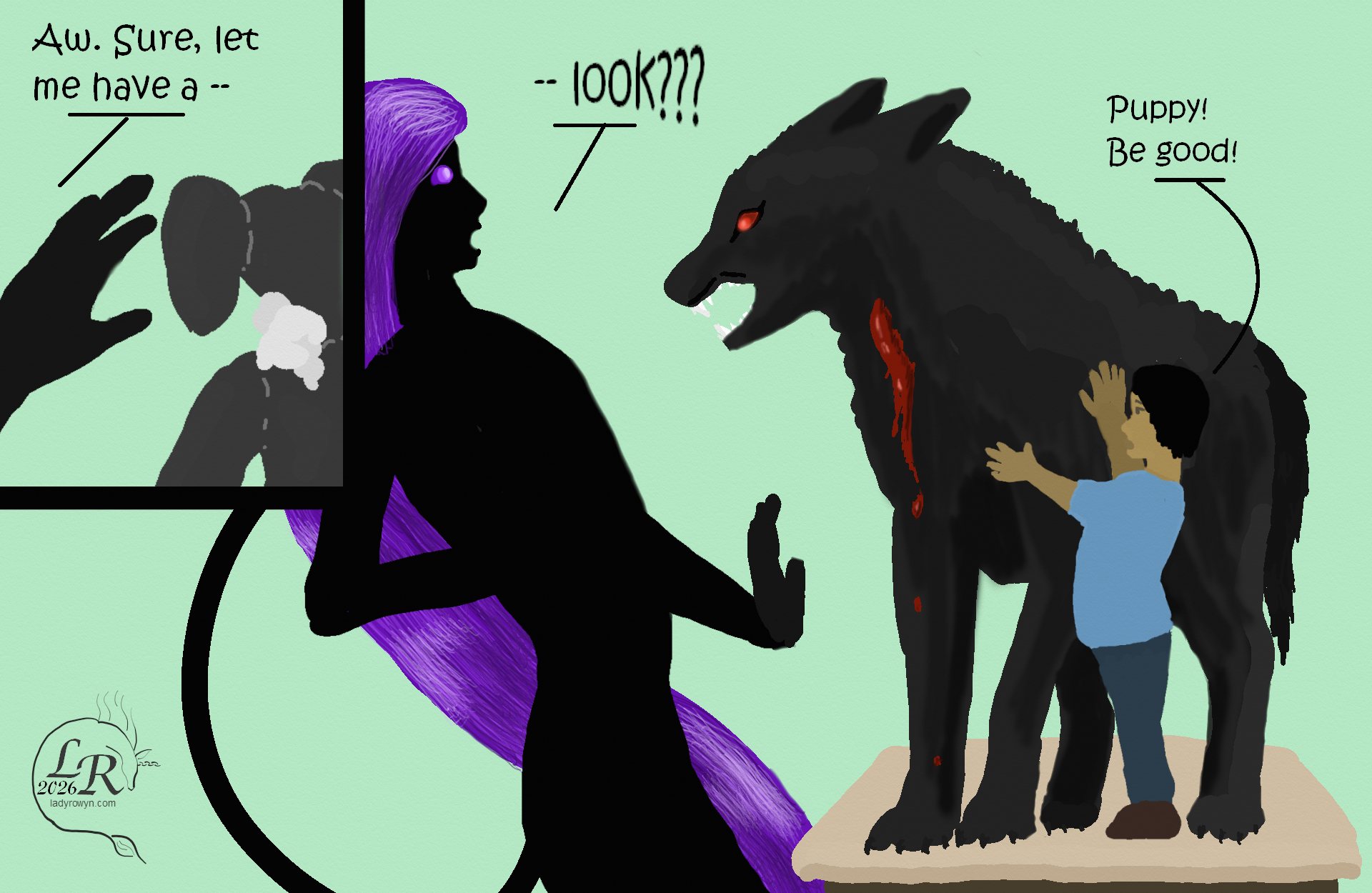 
First panel, inset: Zhenshay’s hand, reaching for the stuffed animal. “Aww. Sure, let me have a --” 
Second panel: Zhenshay falls back from a snarling, angry, full-sized wolf, bleeding from the throat, which now stands on the counter beside the smol child. “-- look?” 
Smol child: “Puppy! Be good!” 
